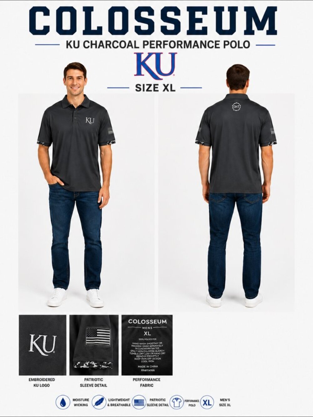 KU Mes Charcoal Colosseum Polo Size XL